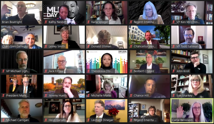 A screenshot of attendees by Zoom at the Jan. 7, 2021, CU Board of Regents retreat during the swearing-in portion of the meeting.