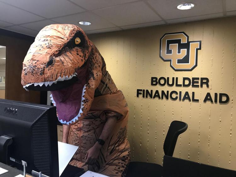 Chase Gordanier as a T-rex for this year's Halloween festivities.