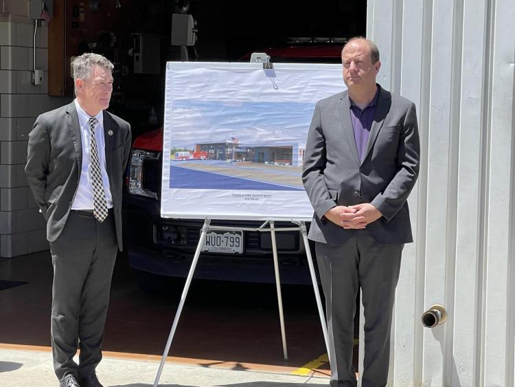 CU Boulder Chief Operating Officer Patrick O'Rourke and Colorado Gov. Jared Polis