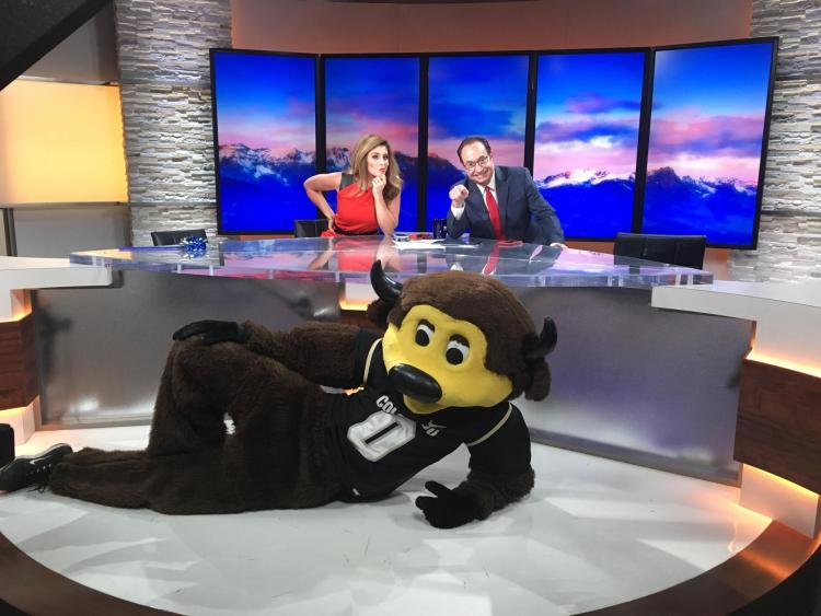 Chip helps promote College Friday on the set of 9News, a day supporting higher education in Colorado. Photo from the Colorado Department of Higher Education.