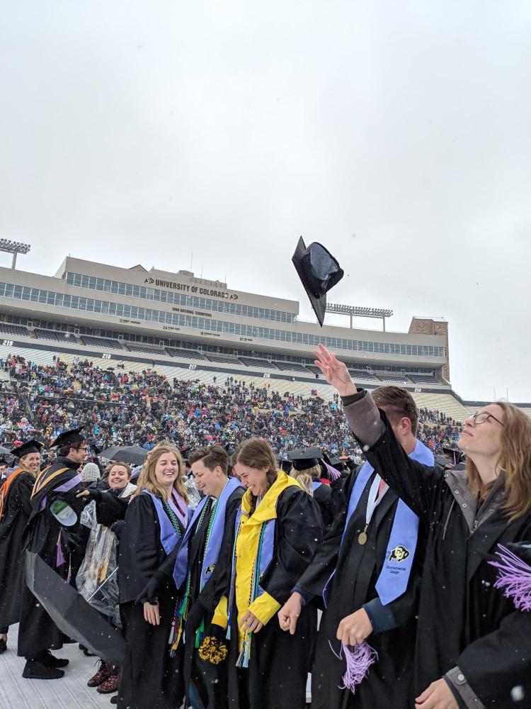 Graduates toss their caps in the air