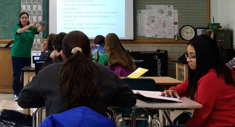Teacher presents a slideshow to students