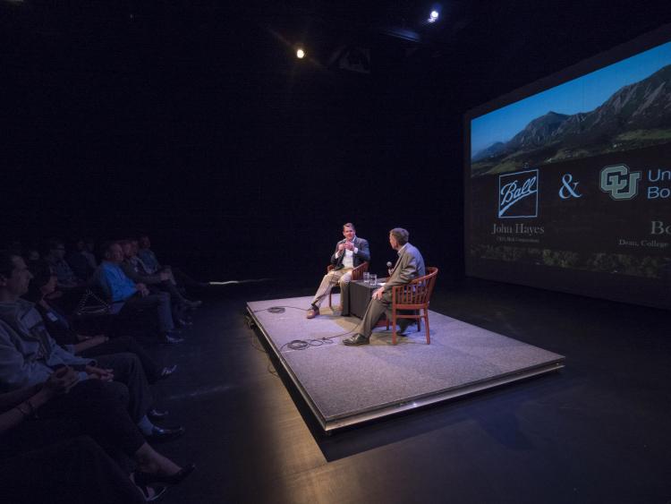Ball Corp CEO John Hayes chats with Engineering Dean Bobby Braun during a 'fireside chat' event