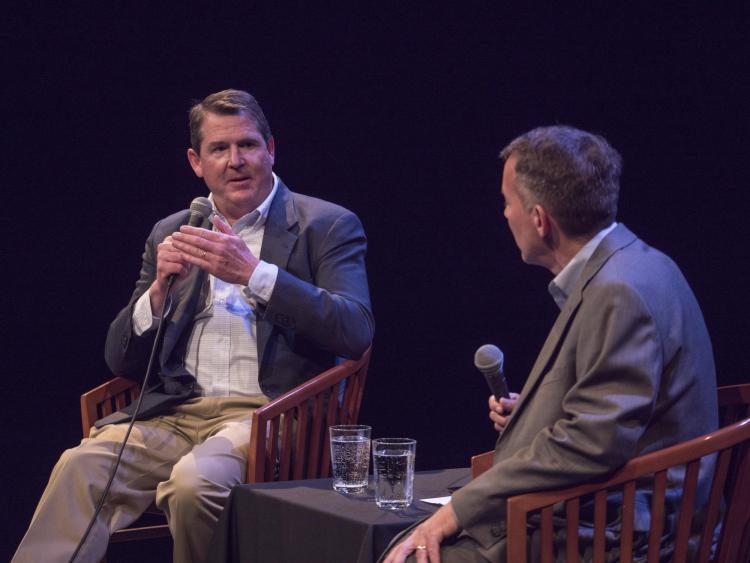 Ball Corp. CEO John Hayes speaks with Dean Bobby Braun during campus visit. Photo by Glenn Asakawa.
