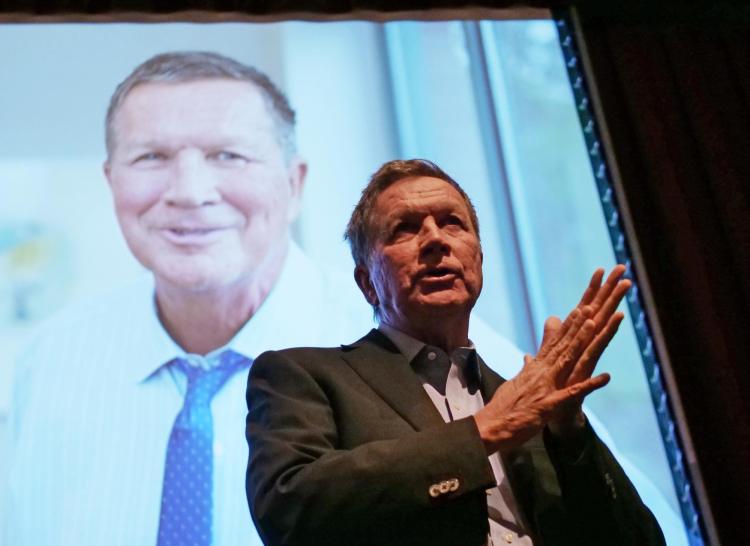 Former Ohio Gov. John Kasich speaks at Macky Auditorium on Thursday, Oct. 24, at an event hosted by the student-led Cultural Events Board. (Photo by Casey Cass/University of Colorado)