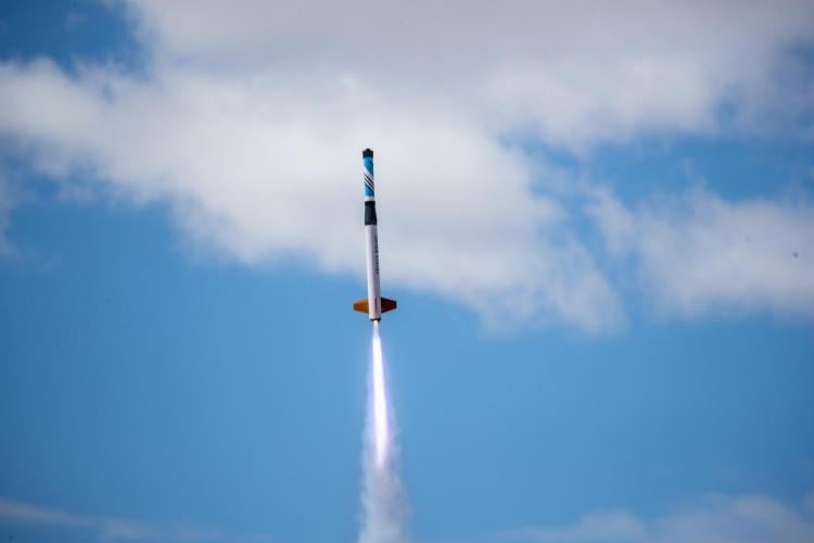 Students in the aerospace medicine course launch a rocket 12,000 feet above the research station. In the simulation exercise, they propelled medical supplies hundreds of miles, from one Martian Habitat to another.