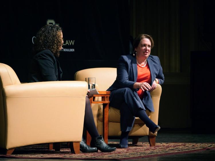 Associate Justice Elena Kagan of the U.S. Supreme Court talks Tuesday, Oct. 22, during the John Paul Stevens Lecture at Macky Auditorium. (Photo by Patrick Campbell/University of Colorado)