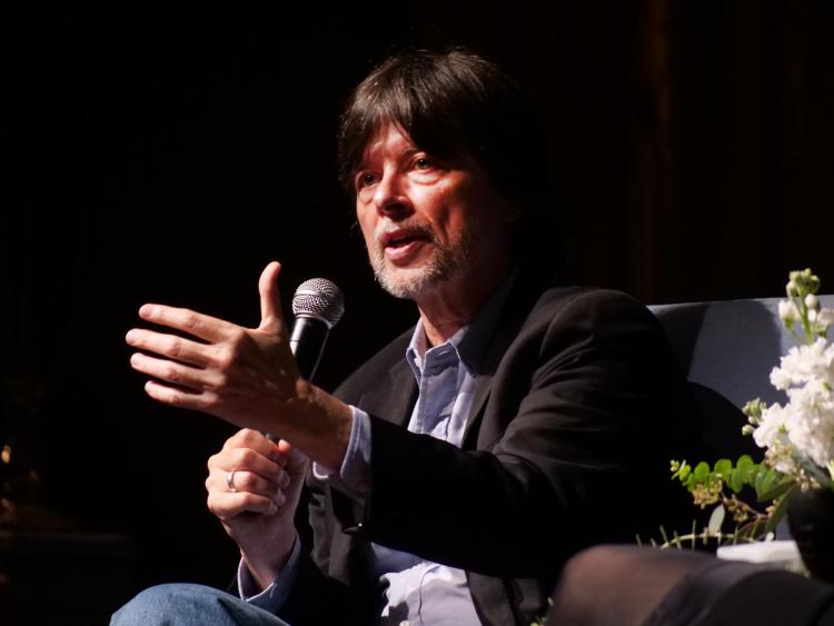Ken Burns speaks at Macky Auditorium; photo by Glenn Asakawa