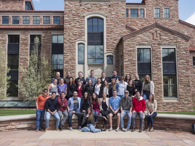First-year law students gather for a group shot of their Law Writing class at Wolf Law. Photo by Glenn Asakawa.
