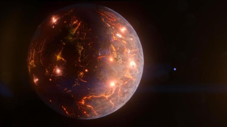 Artist's depiction of a planet covered in volcanoes