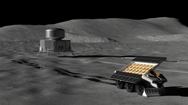 Artist's depiction of a robot laying out an antenna on the lunar surface.