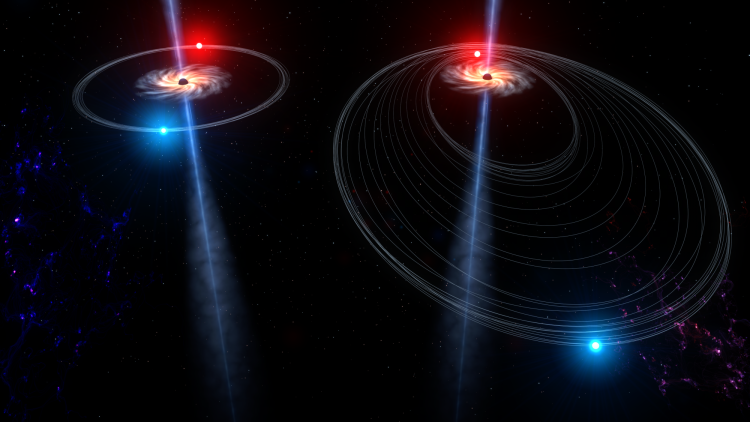 Graphic showing the orbit of stars around a supermassive black hole before, left, and after, right, a gravitational "kick."
