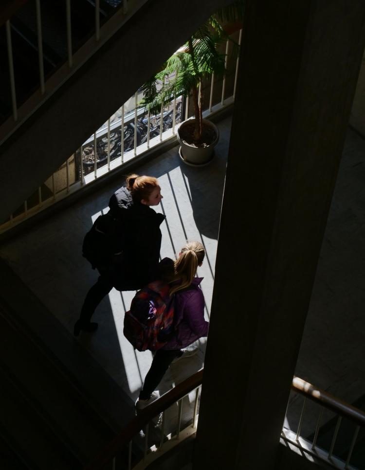 A pair of students make their way up the stairs in Norlin Library. Photo by Casey A. Cass.