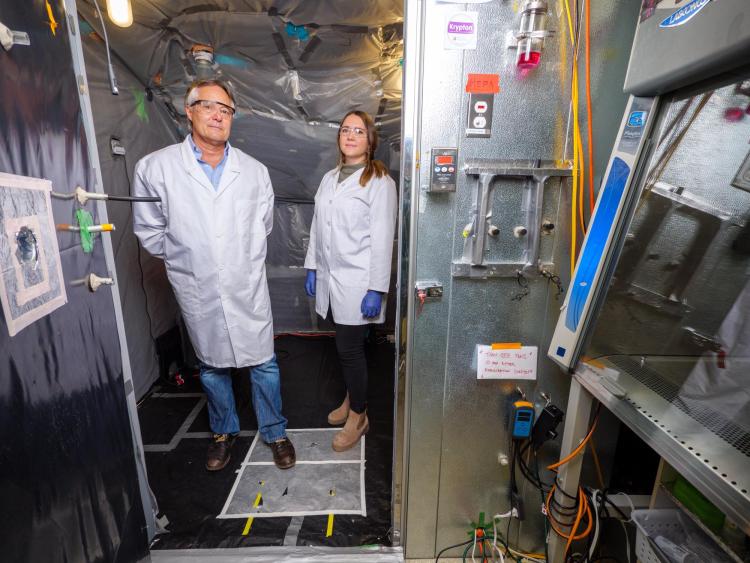 researchers stand inside the 10m3 bioaerosol chamber on campus