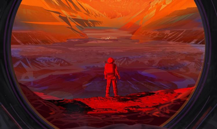 Artist's depiction of astronaut standing on the surface of Mars