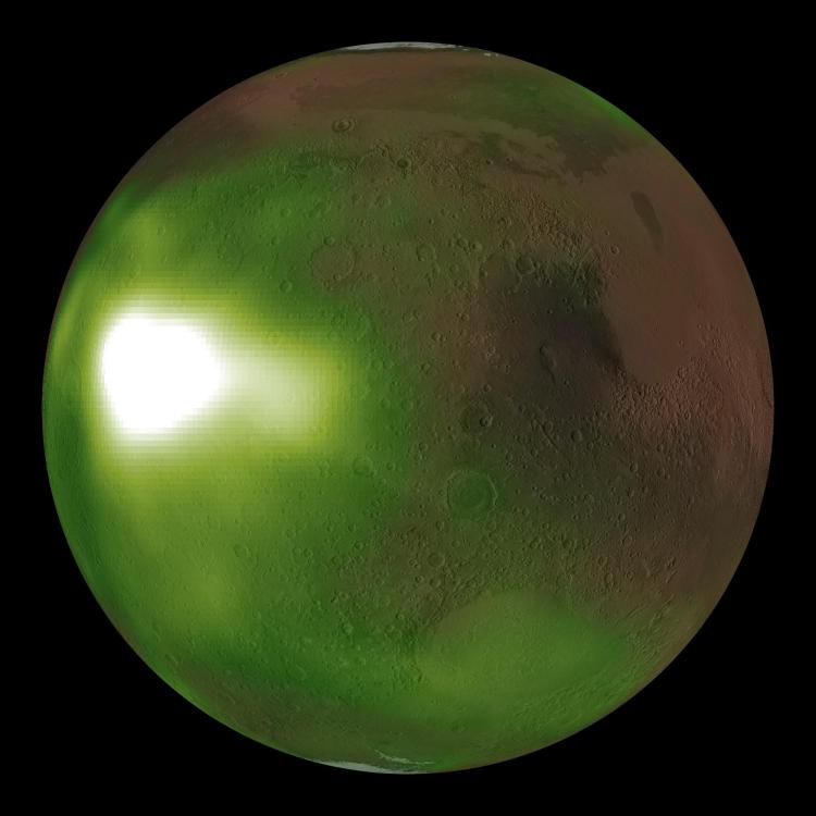 An abnormally bright spot just above Mars' equator.