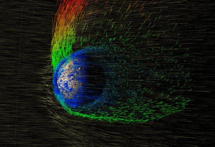 Graphic illustrating how energy emitted by the sun strips away Mars' already-thin atmosphere.