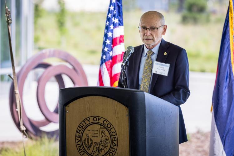 CU Boulder Provost Russell Moore speaks during a memorandum of understanding signing event Aug. 20 on the UC Colorado Springs campus. (Photo provided)