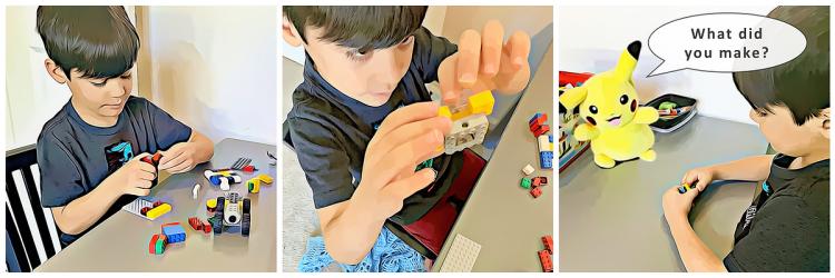Three panels show a boy making a sculpture out of Legos. The right-most panel hows the boy's Pikachu stuffed toy with a speech balloon over its head stating: "What did you make?"