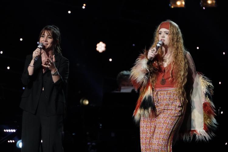 Mollie Isaacs and fellow contestant Lauren Jean performing on American Idol stage in Hollywood