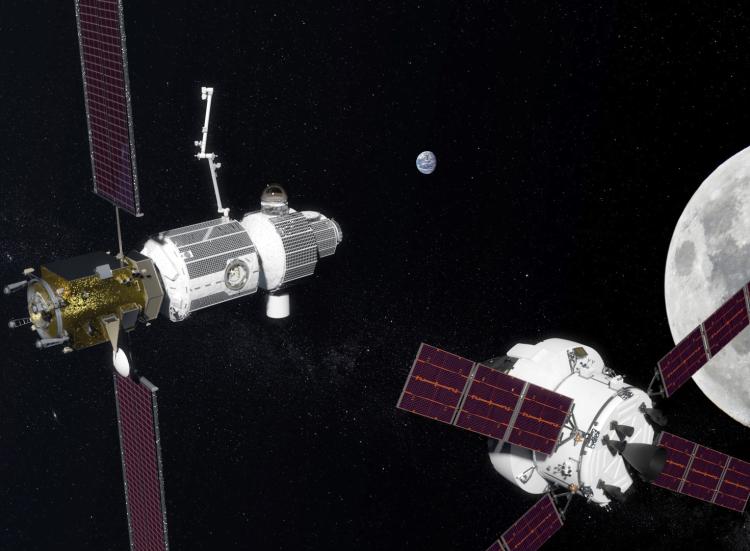 Illustration of NASA's planned Orion Spacecraft (right) docking at the Lunar Gateway (left).