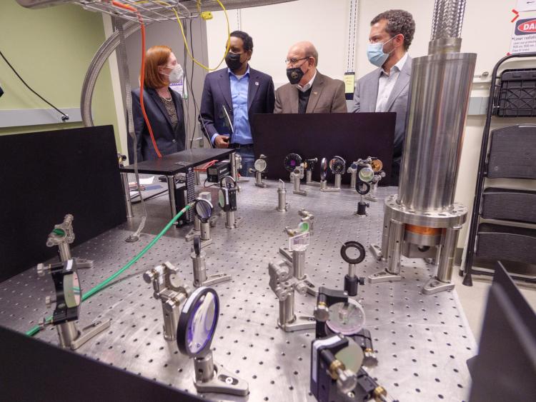 From left to right, physicist Margaret Murnane, Rep. Joe Neguse, Chancellor Philip DiStefano and CU President Todd