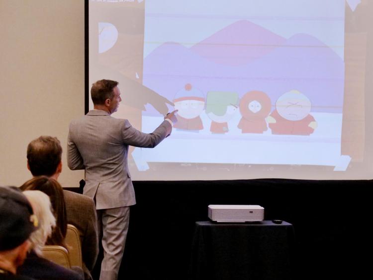 Eric Stough, South Park animation director/producer and CU Boulder alumnus, talks about the first draft episodes he and fellow alumni Trey Parker and Matt Stone created. Photo by Glenn Asakawa.