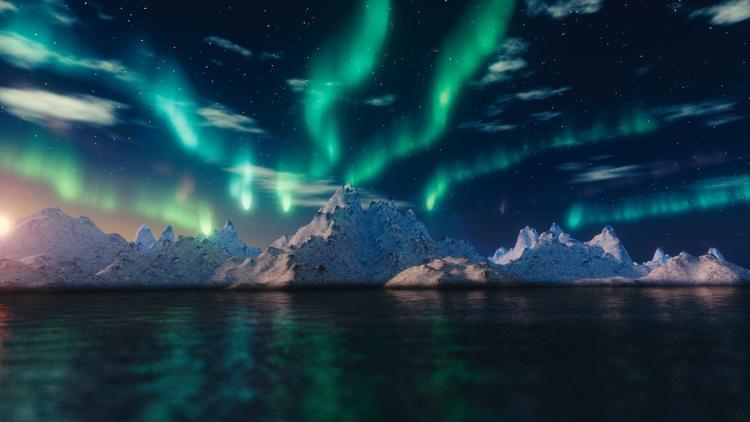 The Northern Lights over a glacier in the Arctic