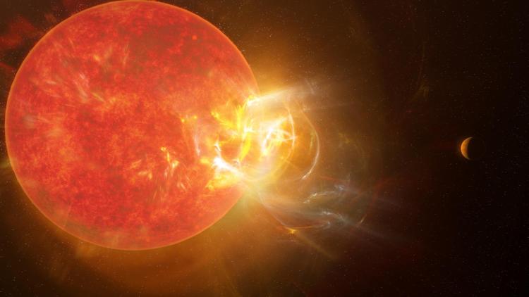 Artist's conception of a flare ejecting from a star with a planet nearby