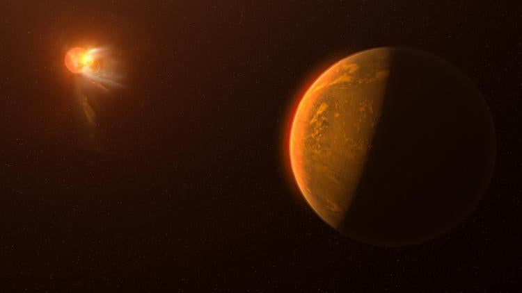 Artist's concept of a planet with a star ejecting a flare in the background.