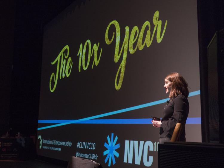 Ali LeBeau Greenstein, New Venture Challenge director, kicks off the event. Photo by Glenn Asakawa.