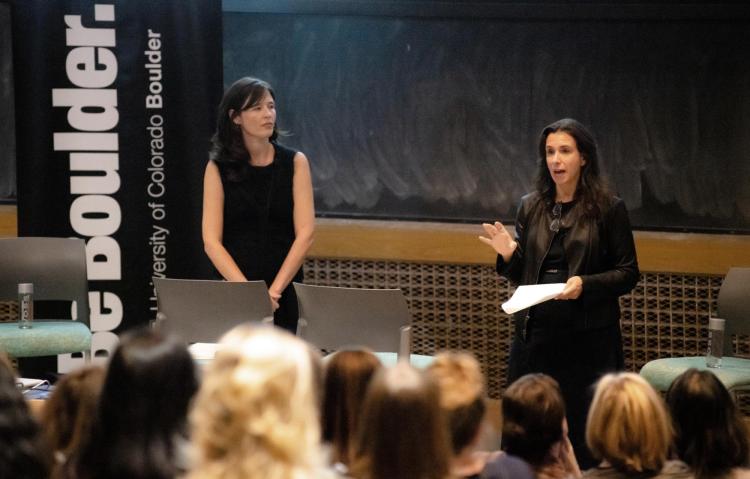 NYT reporters Megan Twohey, left, and Jodi Kantor, right, speak at MATH 100 during their visit to the CU Boulder campus on Monday, Oct. 21. (Photo by Patrick Wine/University of Colorado)