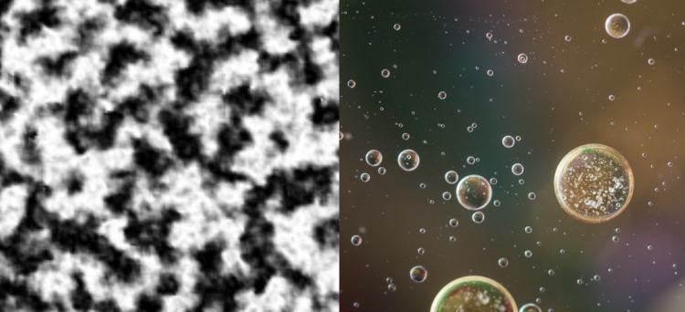 Magnetic "droplets" juxtaposed with image of oil and water