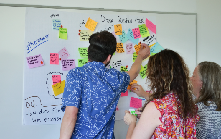 A man and two women stick post-it notes on white sheets of paper hanging from the wall