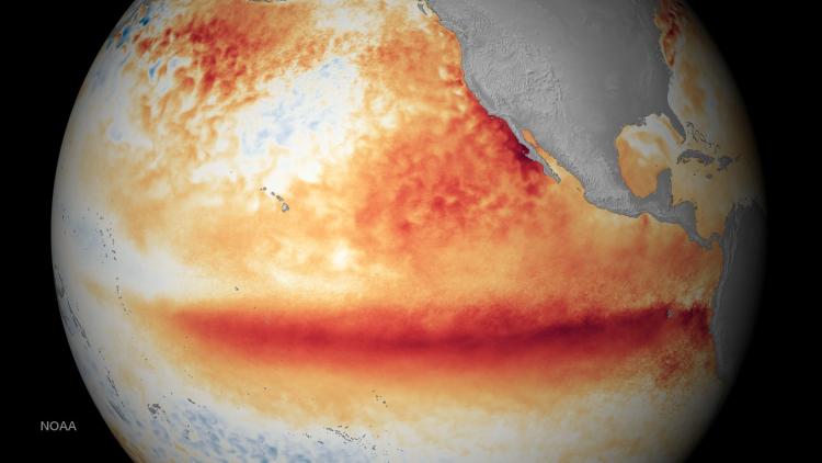 Satellite sea surface temperature departure in the Pacific Ocean for the month of October 2015, where darker orange-red colors are above normal temperatures and are indicative of El Niño.