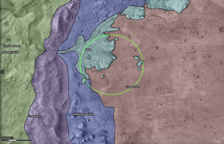 Map of regions of the Jezero Crater. A green circle captures Perseverance's landing ellipse