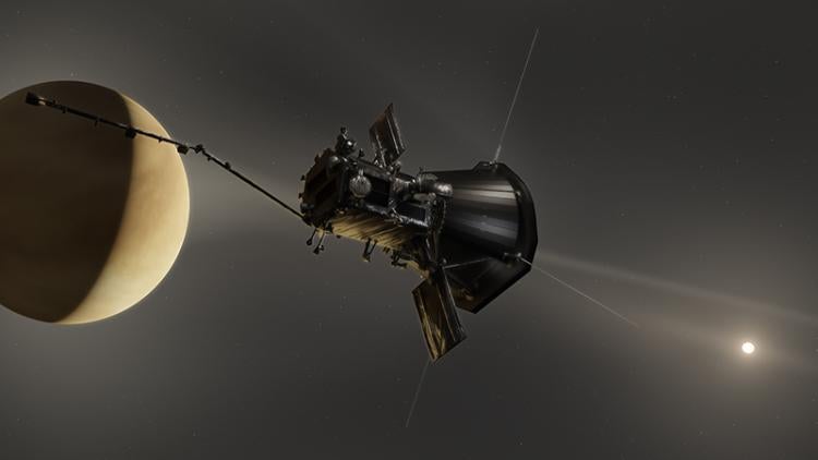 Illustration of spacecraft orbiting cloudy planet with sun in distance