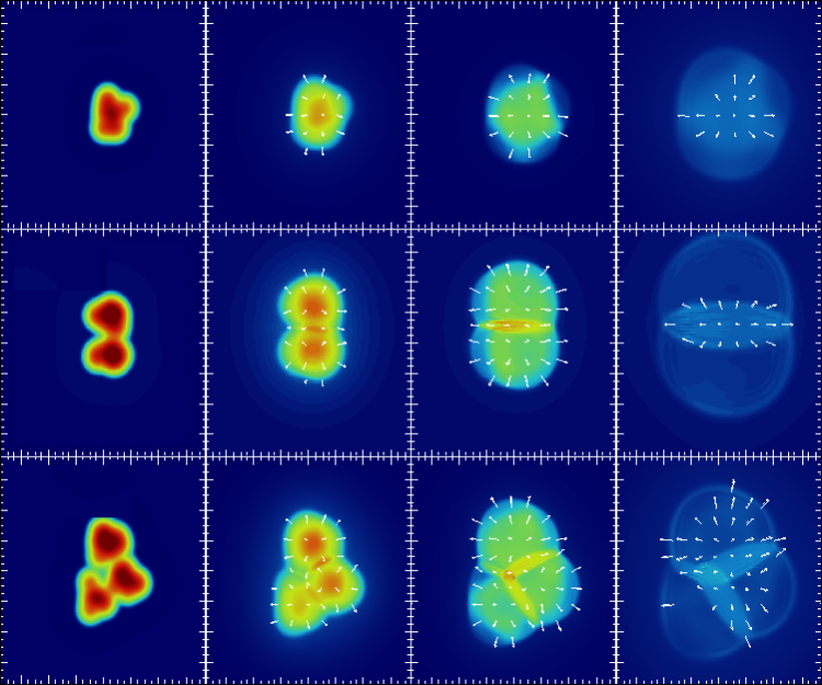 Graphic showing how atomic collisions between different starting ingredients expand over time to produce plasmas in distinct shapes.