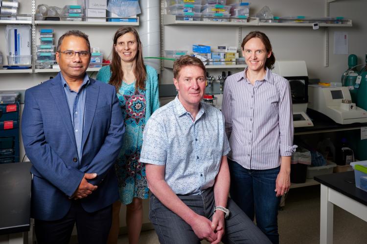 Two men and two women pose for a photo in a lab