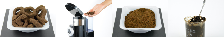 Image showing how you can place 3D printed materials into a coffee grinder, then using the grounds for 3D printing again