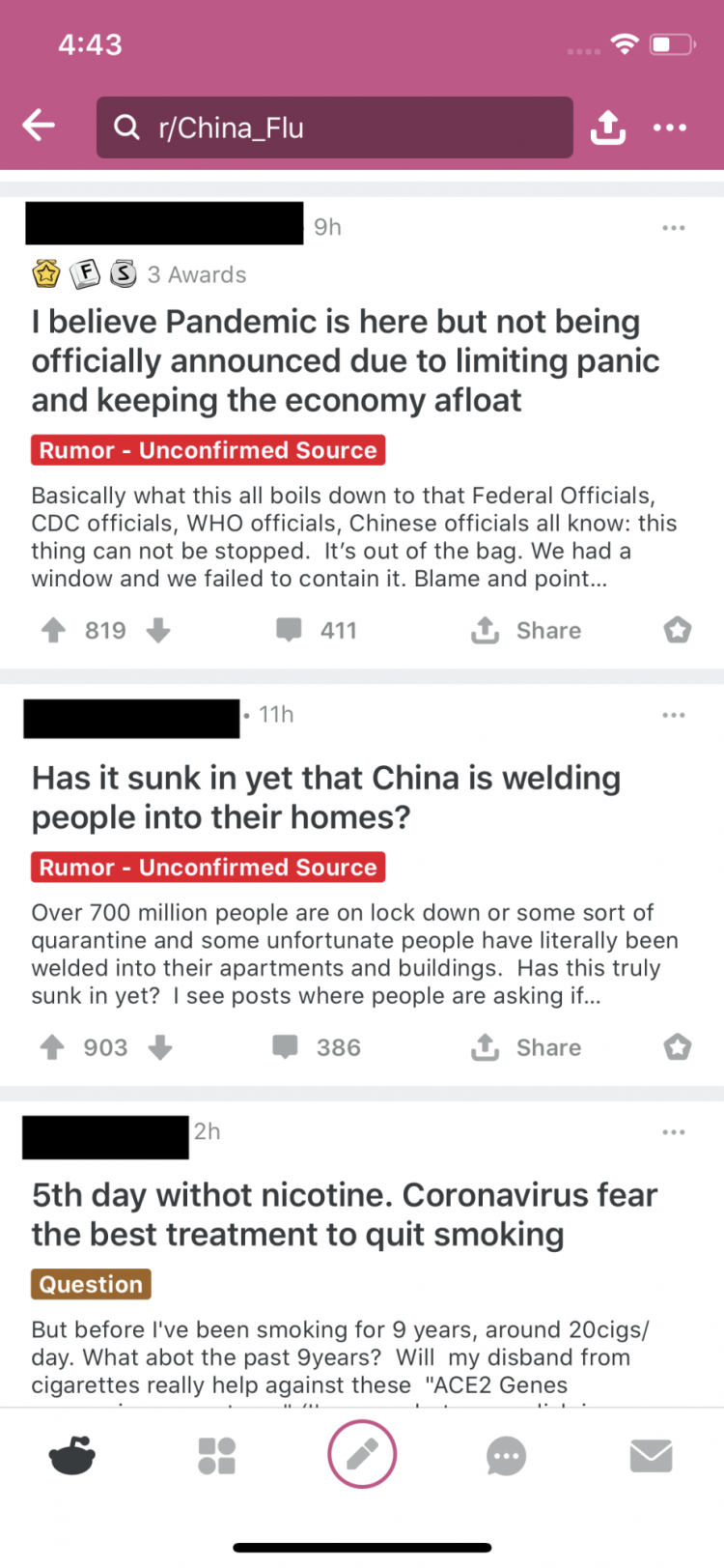 A series of posts on r/China_flu. The top two focus on the World Health Organization and China and have been labeled “Rumor – Unconfirmed source.”