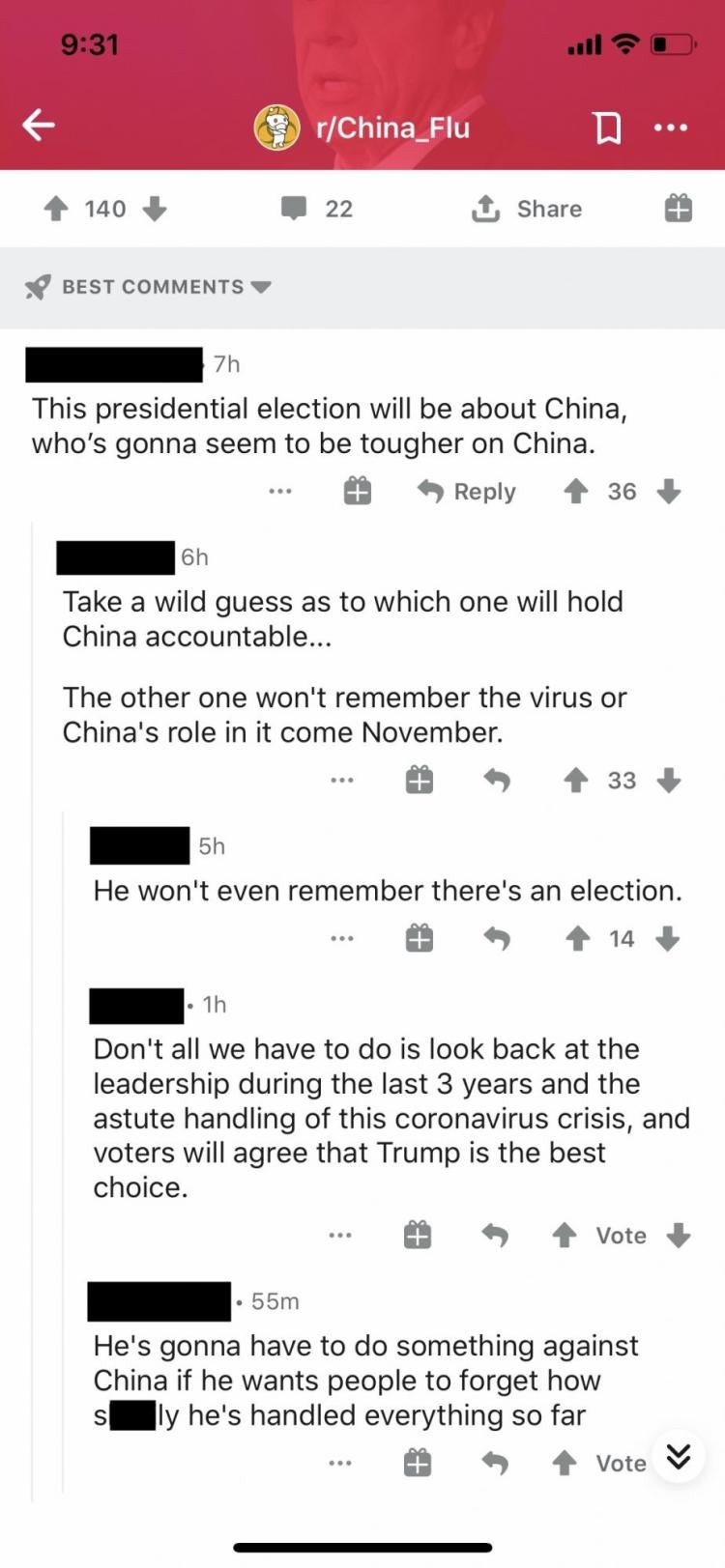 Users on a discussion thread on r/China_flu talk about which of the 2020 presidential candidates would be "tougher on China."