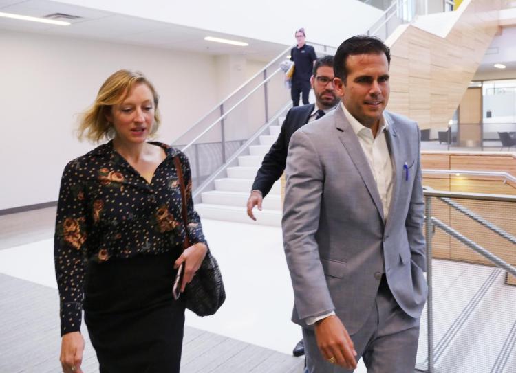Ricardo Rossello, governor of Puerto Rico, visits with Assistant Vice Chancellor Kirsten Schuchman on campus, photo by Casey A. Cass