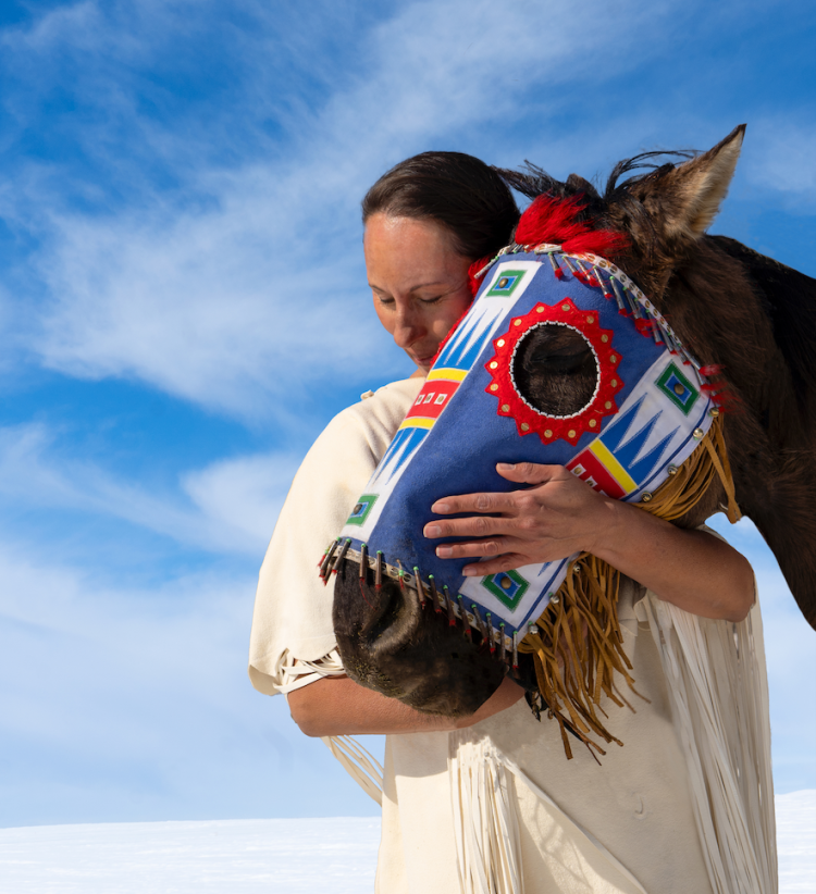 Woman cradles the head of a horse, which is wearing a colorful head covering, with blue skies behind them