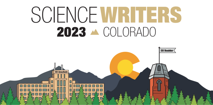 ScienceWriters 2023 graphic illustrating the CU Anschutz and CU Boulder campuses
