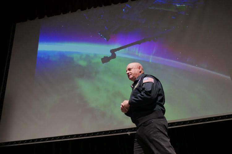 Scott Kelly speaks at Macky Auditorium; photo by Casey A. Cass