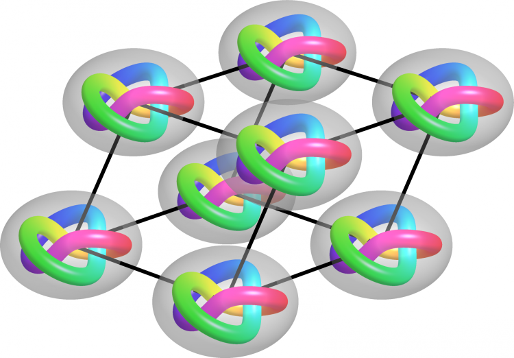 A graphic representing a lattice of trefoil knots tied in a solution of liquid crystals.