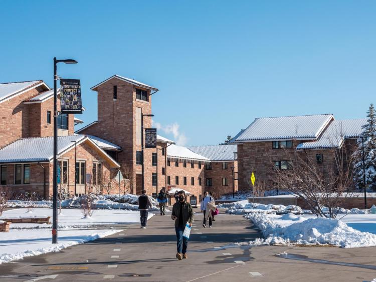 Students on snowy campus