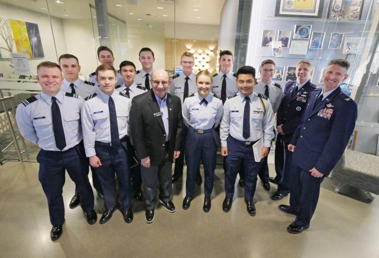CU Boulder Chancellor Philip DiStefano, center, poses with cadets from the Air Force ROTC Detachment 105