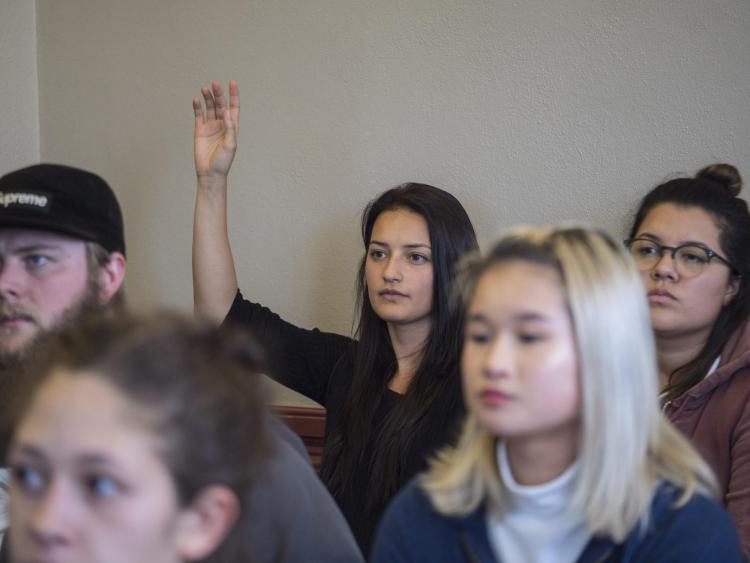Student raises hand in classroom